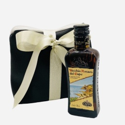 Bomboniera compleanno amaro del Capo con borsello ecopelle nero